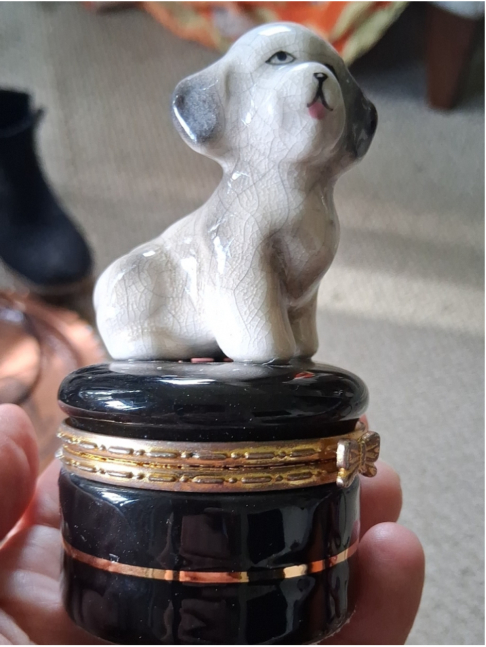 Ceramic Puppy Trinket Box - Black and Cream Decorative Jewelry Dish